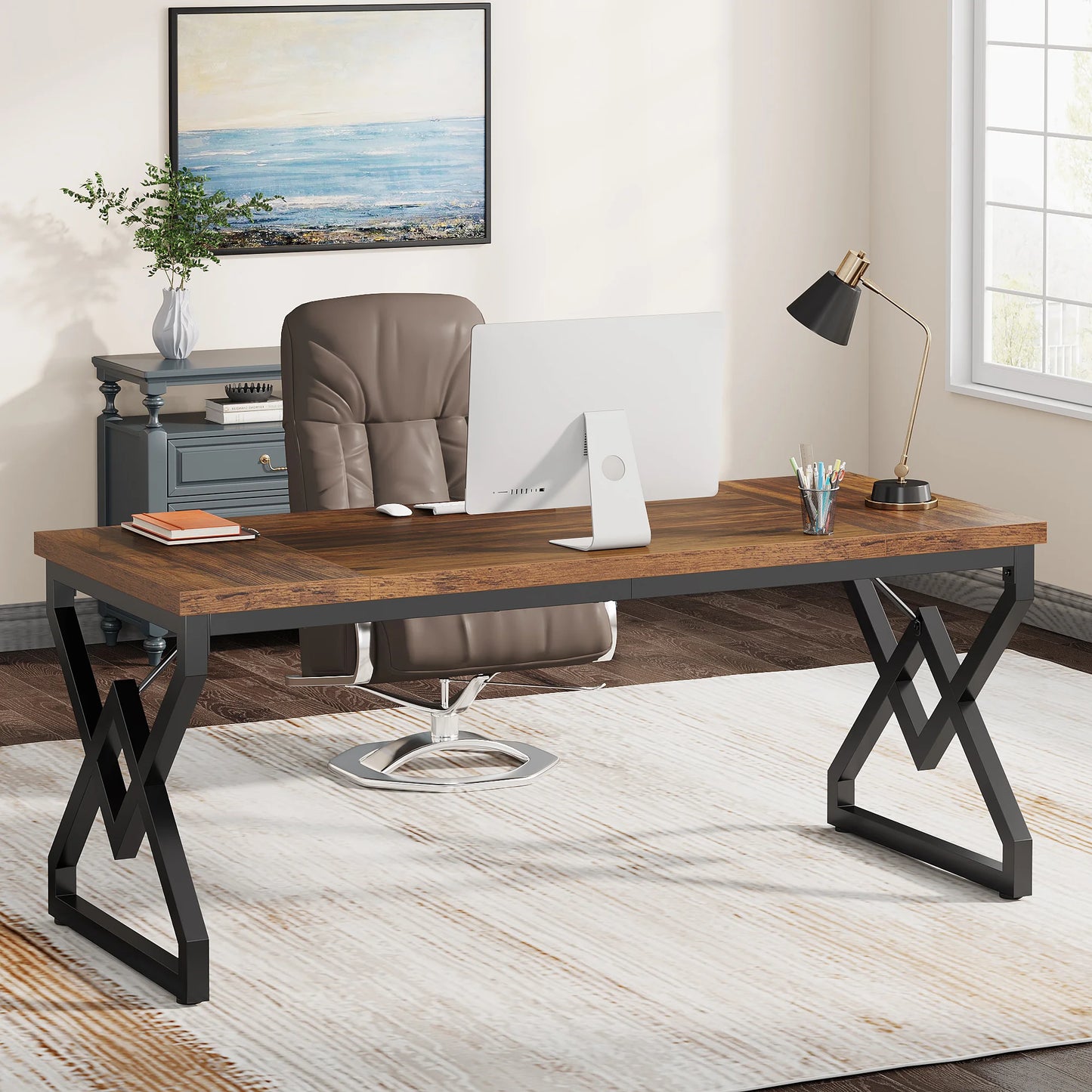 Tribesigns 63" Large Industrial Executive Desk with Extra Thickened Tabletop & Metal Frame, Heavy-Duty Home Office Desk