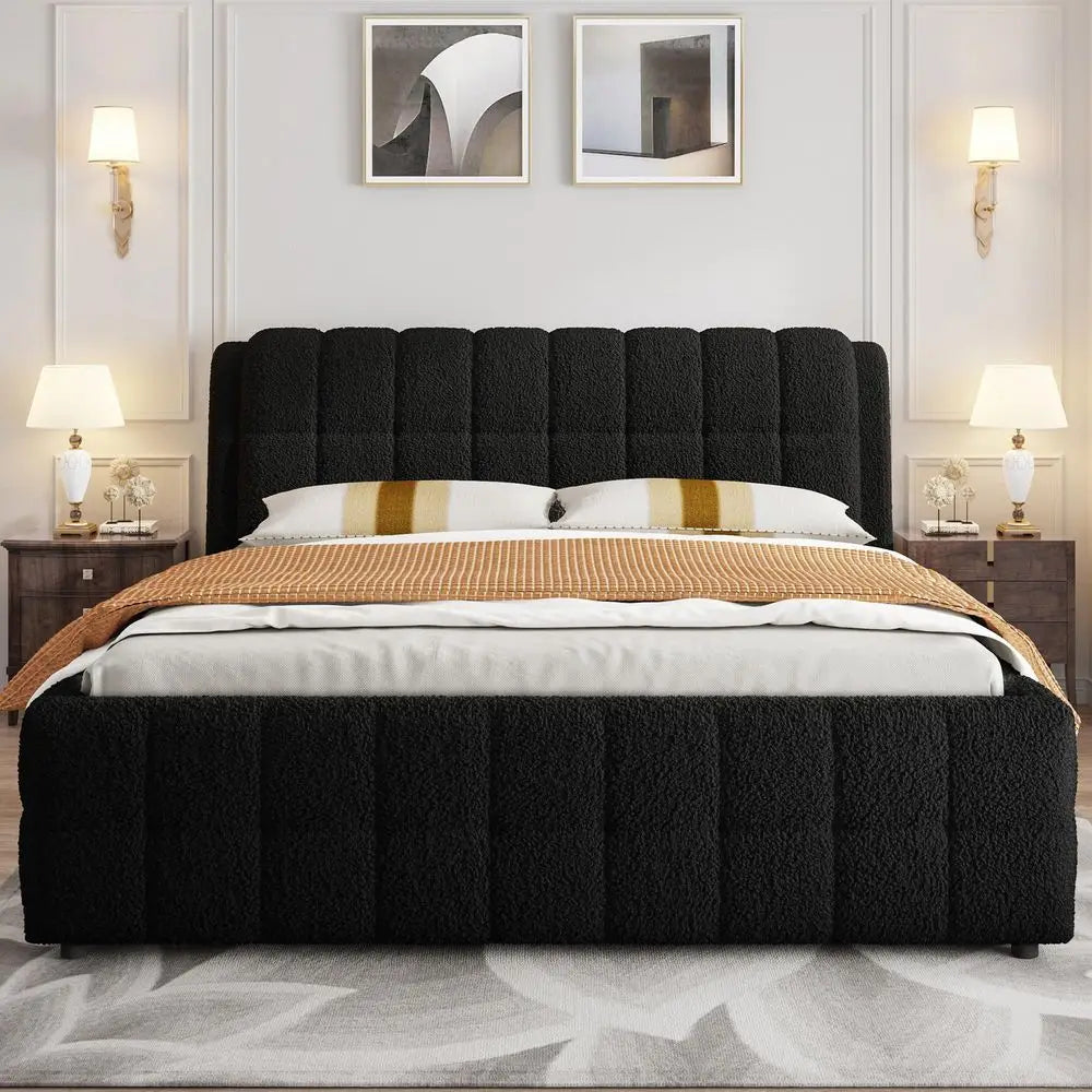 California King Upholstered Bed Frame, Fleece Fabric Floor Platform Bed with Thick Headboard for Modern Bedrooms, Cali King Uph