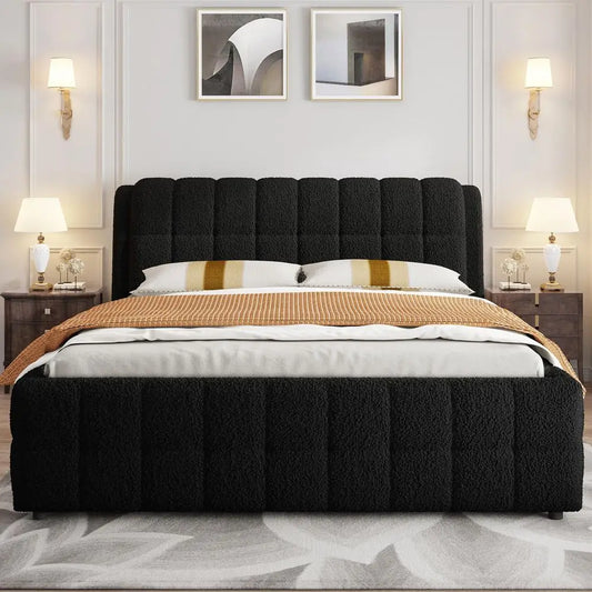 California King Upholstered Bed Frame, Fleece Fabric Floor Platform Bed with Thick Headboard for Modern Bedrooms, Cali King Uph
