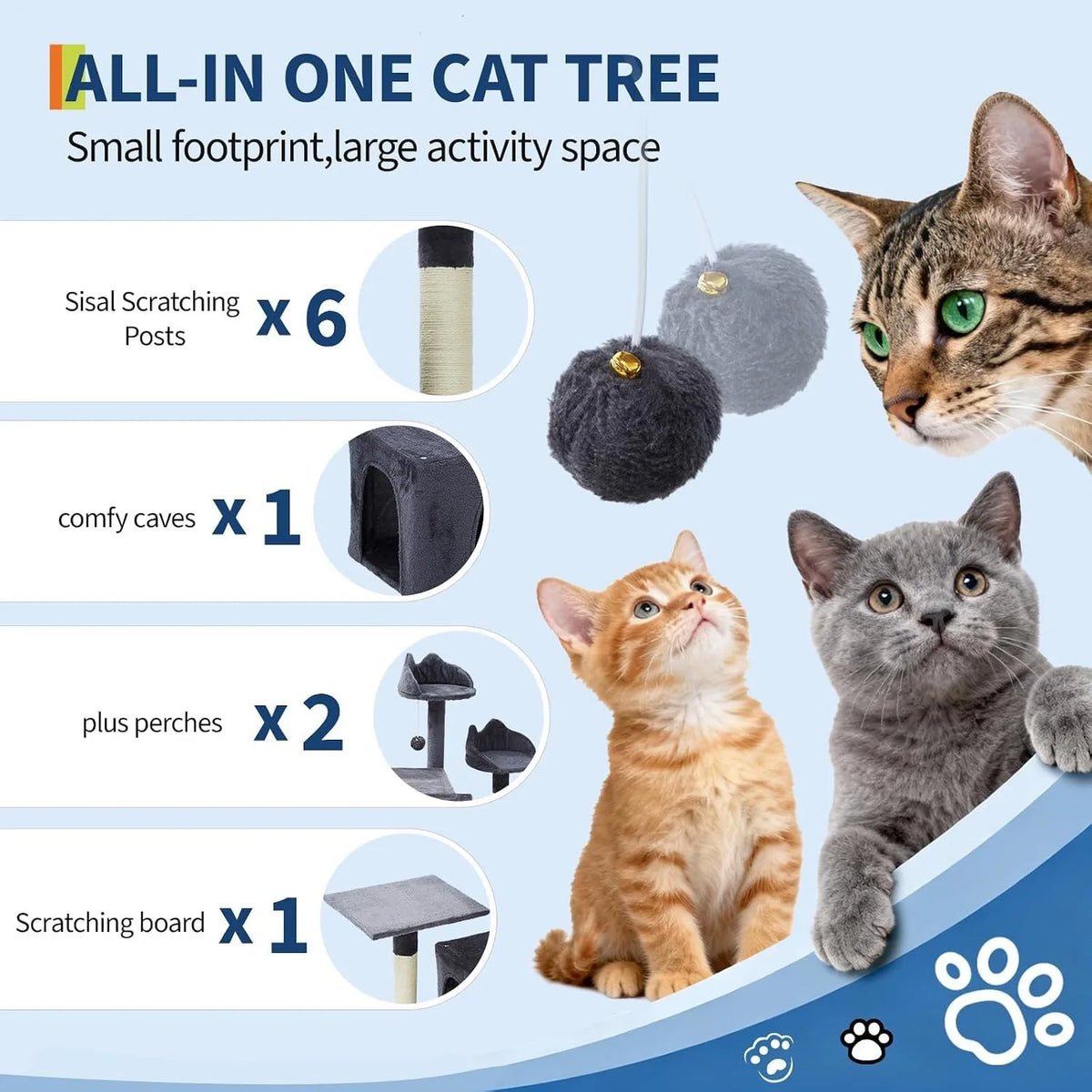 72 Inch Large Cat Tree Tower with Scratching Posts, Multi Level Cat Condo Furniture with Perches, Hammock & Toys, Stable Indoor Activity Center for Cats