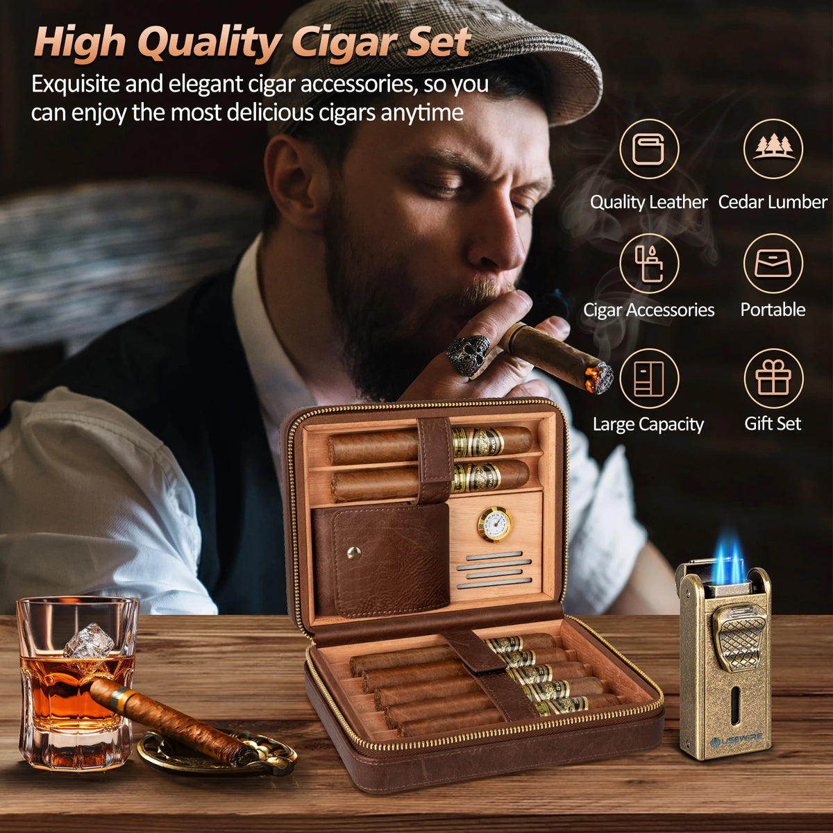 UseWire Leather Cigar Humidor With Lighter Cutter And Humidifier
