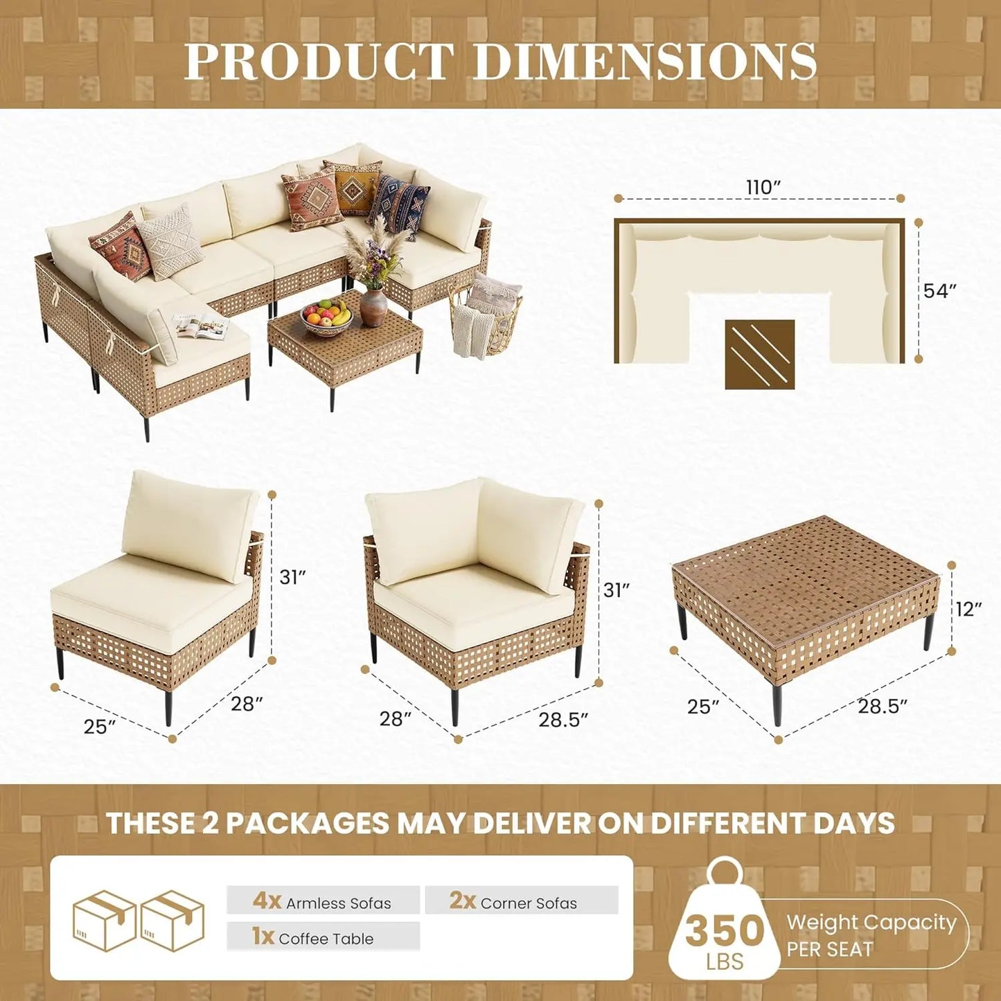 Wicker Patio Furniture Set, 7-Piece Modular Outdoor Furniture Set, High-Leg Design Sectional Patio Sofa with Glass, Customized
