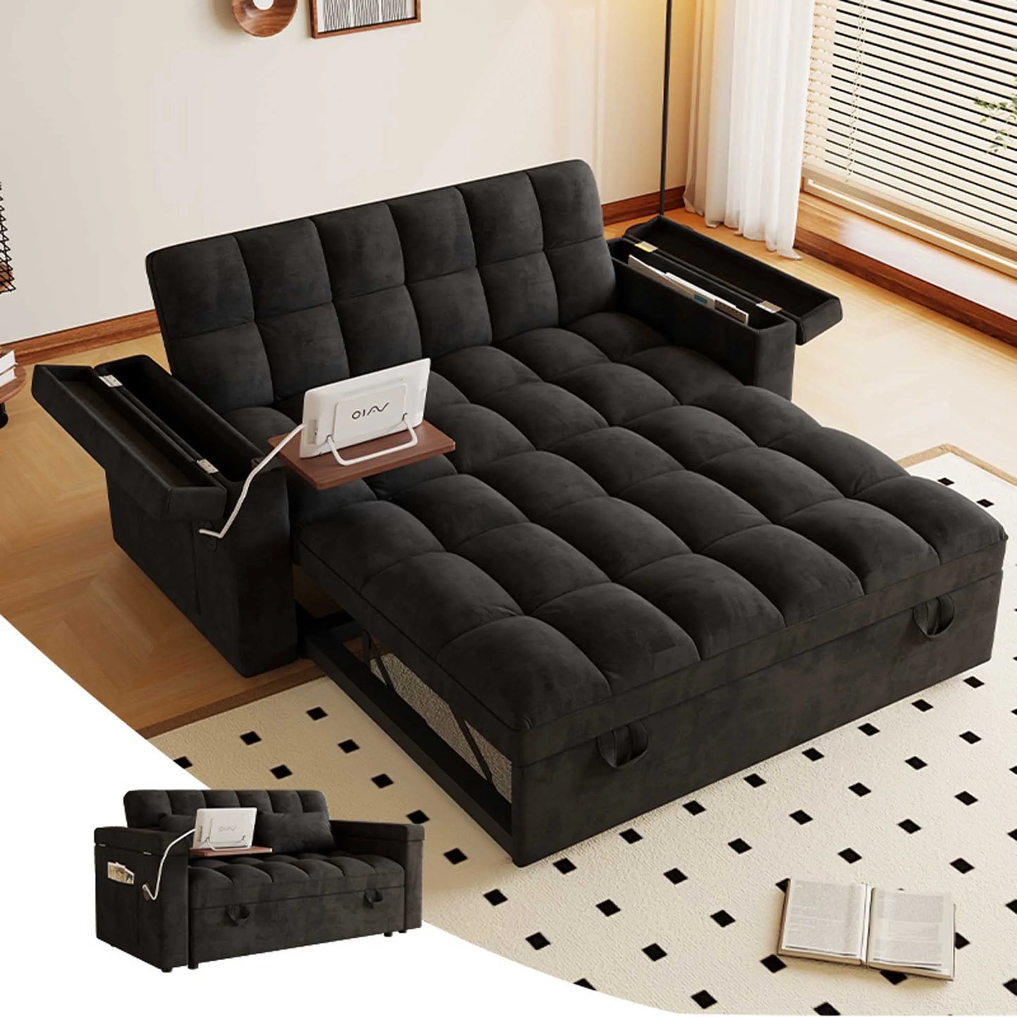Adjustable Foldable Sofa Bed With USB Port And Storage Armrests