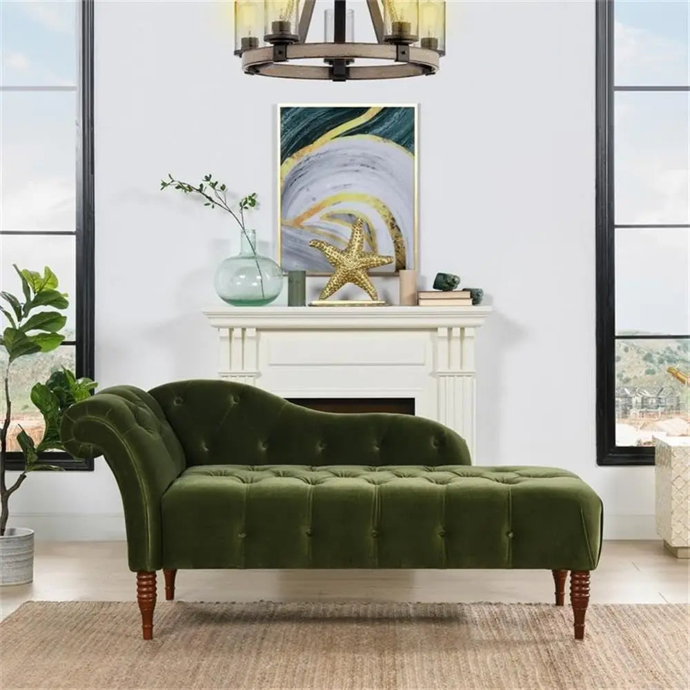 Row Tufted Roll Arm Chaise Lounge, Olive Green Velvet Upholstery, 66 L x 29 W x 30 H, KilnDried Birch Wood Frame, Medium Firm S