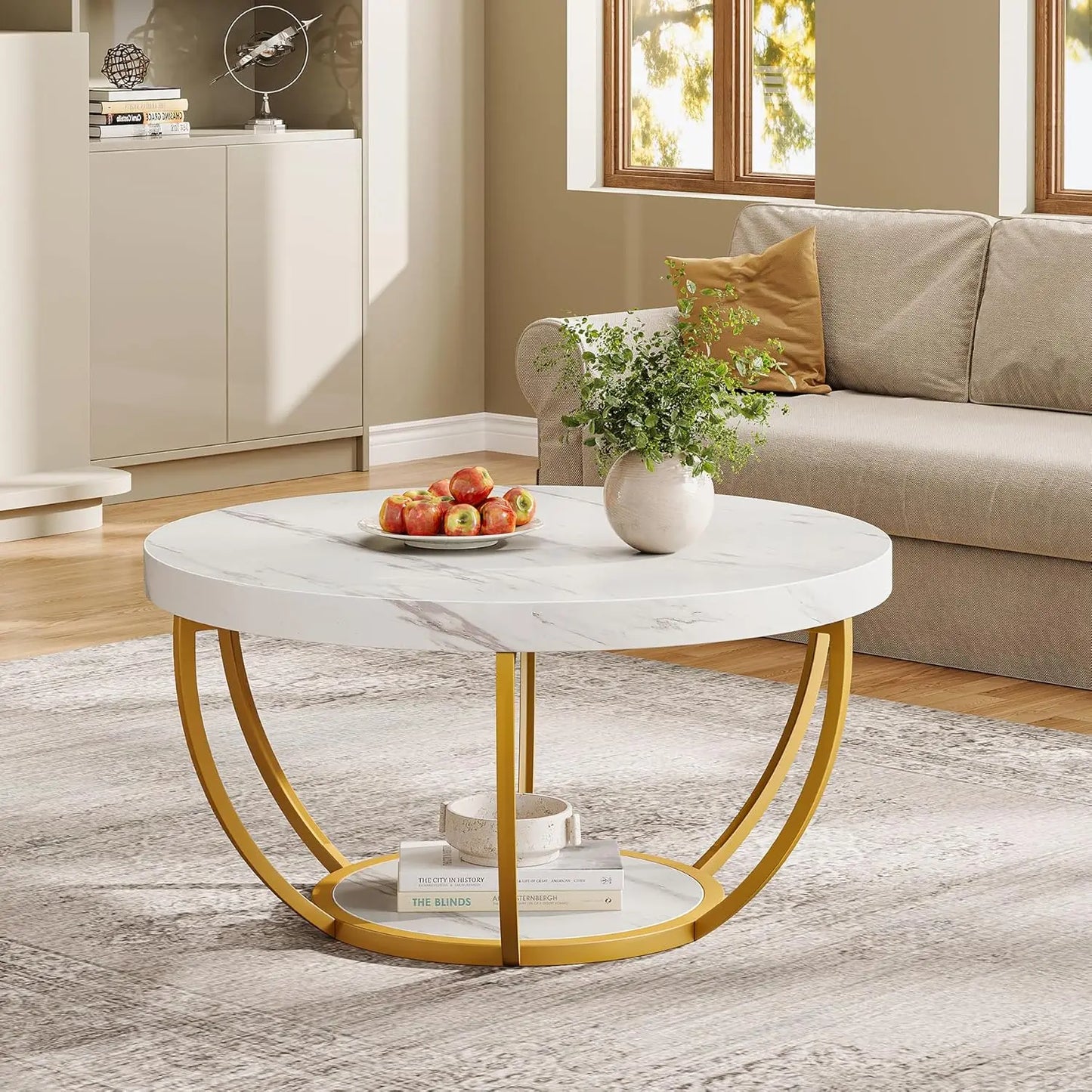 Little Tree Marble Circle Coffee Table With Open Storage And 2-Tier Metal Legs