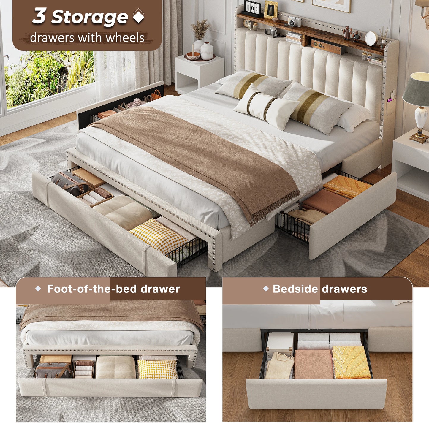 EnHomee Upholstered Platform Bed Frame With Three Storage Drawers