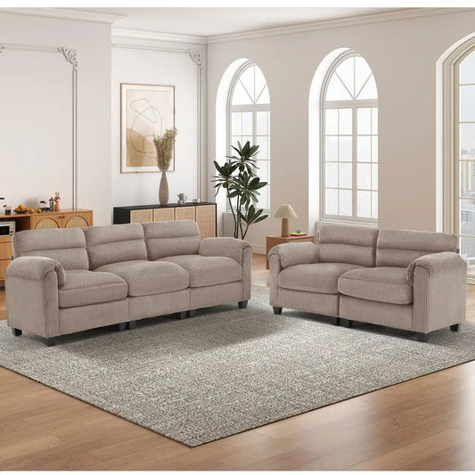 Modern Corduroy Sofa Set with Plush Cushions and Rolled Arms