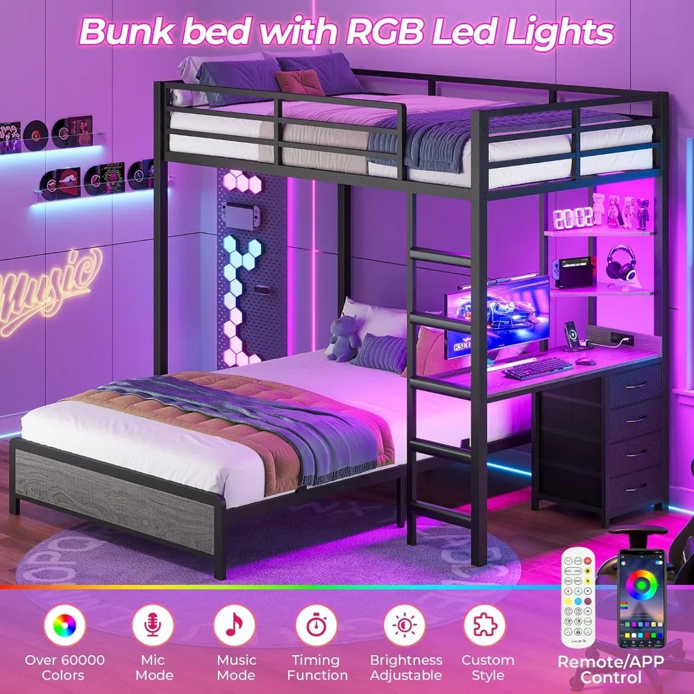 Twin Over Full Bunk Bed with Desk, Bunk Beds Twin Over Full Size with Charging Station & Led Lights, Storage, Customized