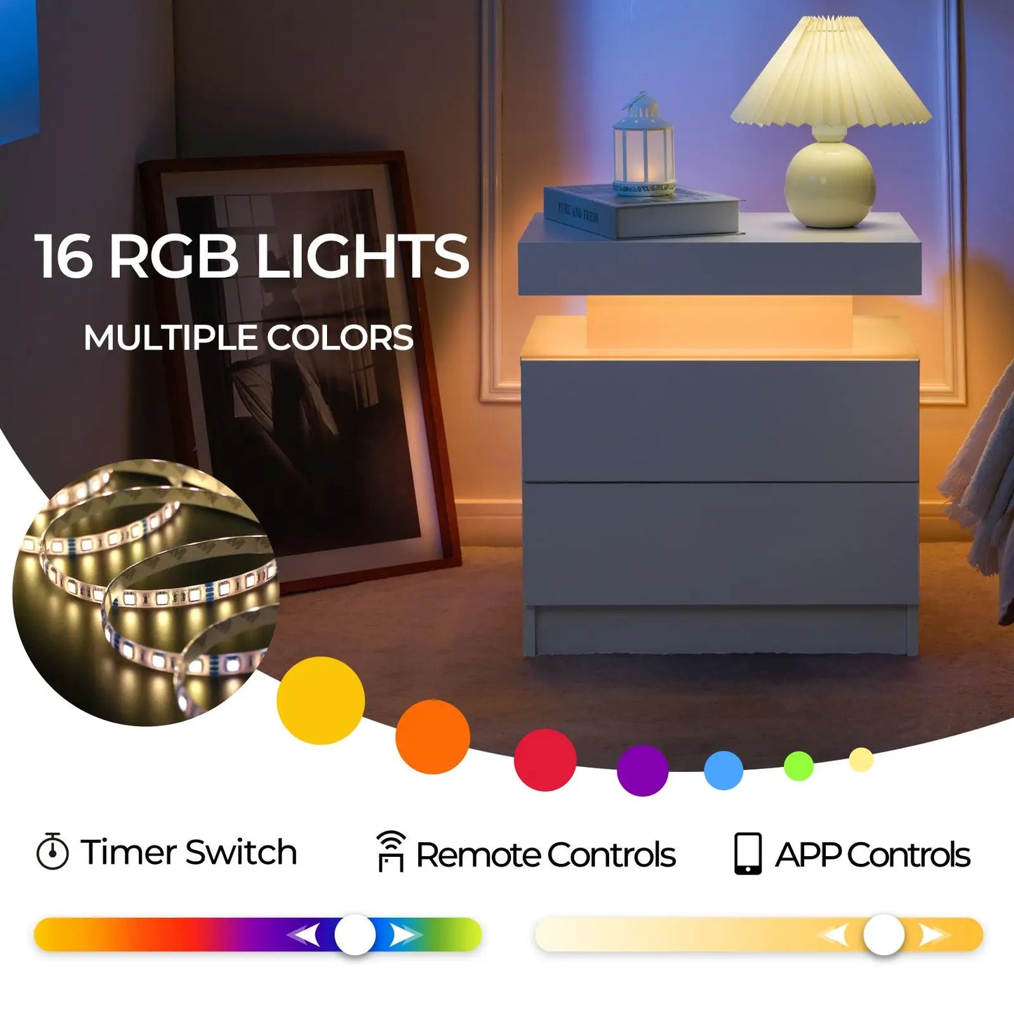 Cubehom Modern Minimalist Nightstand Set With LED Lights