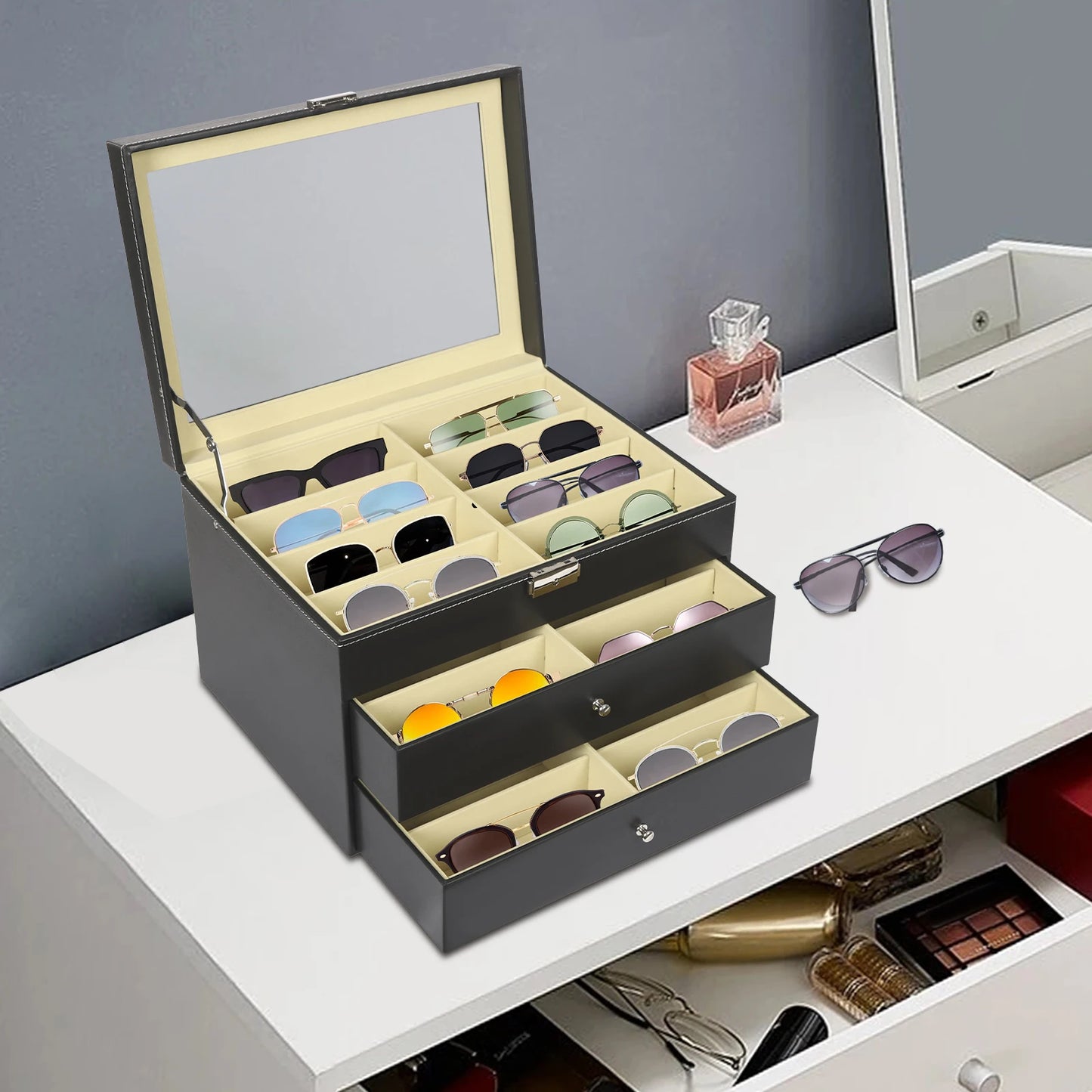 3 Layer Leather Sunglass Organizer Box Drawer Holds 24 Sunglasses