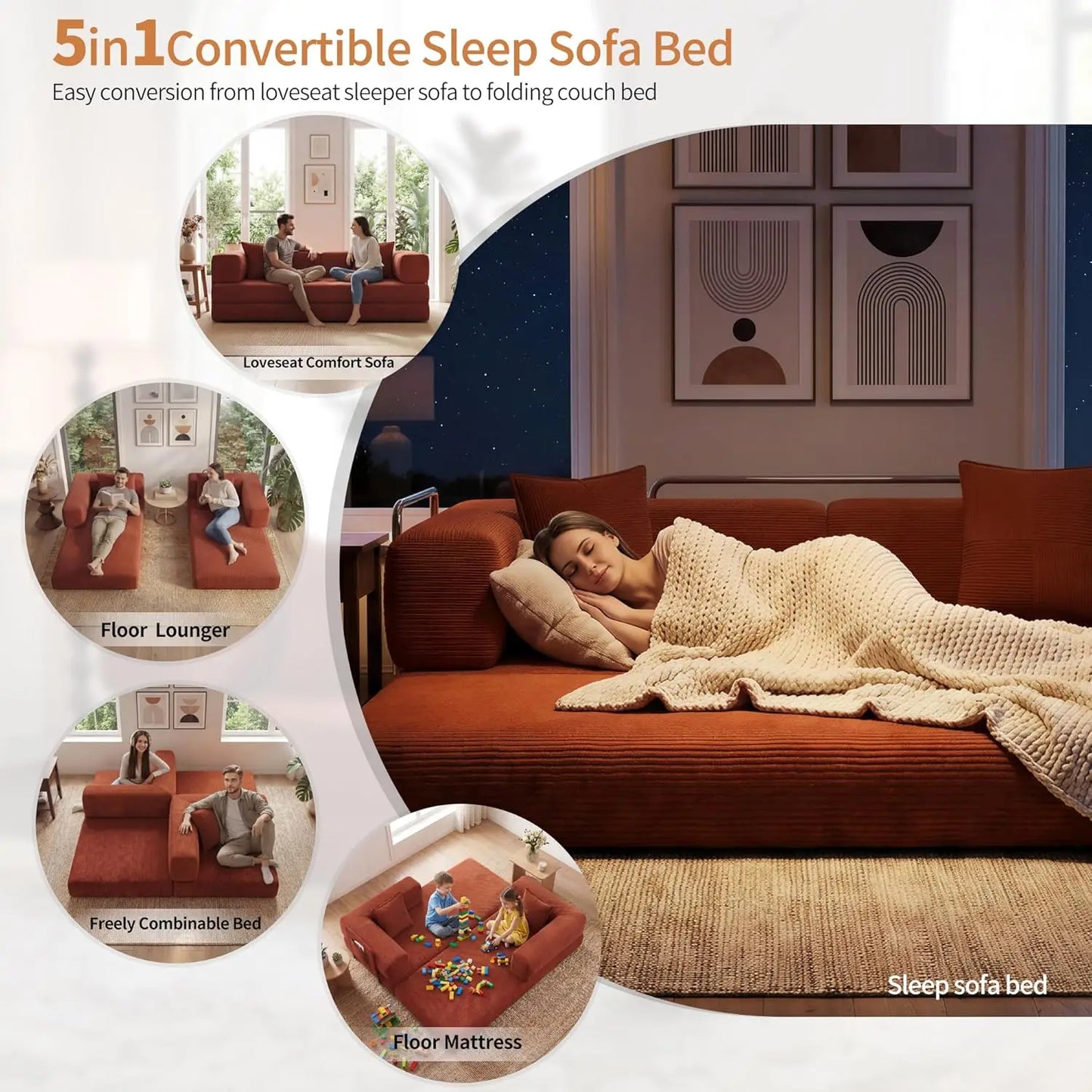 78.8" Convertible Sofa Bed with Armrest Pillow, 4-in-1 Sleeper Couch Bed for Livingroom, Modular Corduroy Boneless, Customized
