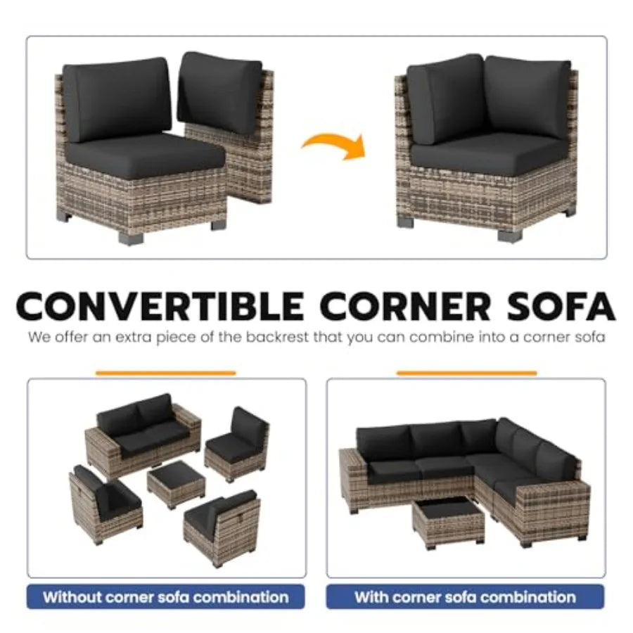 6 Piece Wicker Rattan Patio Sectional Sofa Set with Thick Cushions for Backyard Poolside Garden Wide Armrest Outdoor Furniture