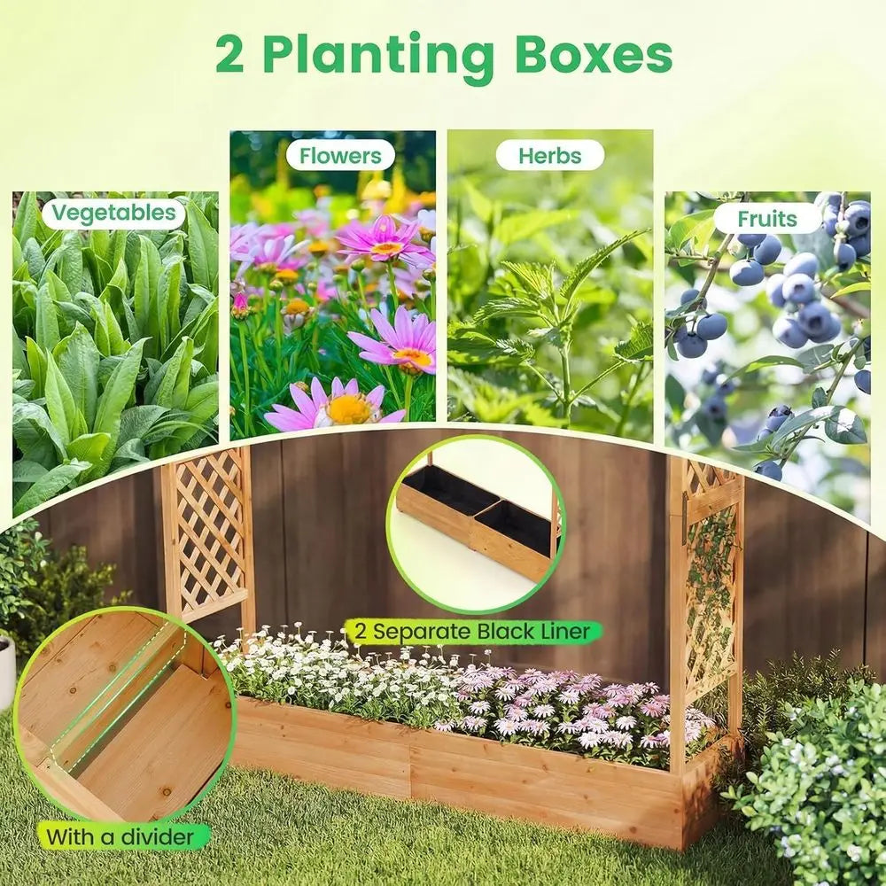 77 Tall Wooden Elevated Planter with Trellis, Hanging Baskets, and Drainage for Patio Gardening