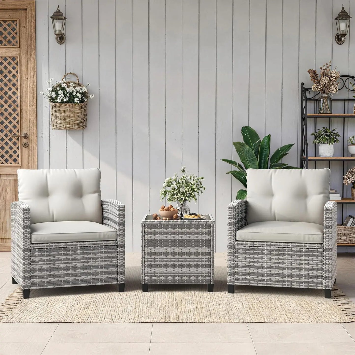 3 Pieces Office Furniture Set for Meeting Relaxation Interview Talking, Outdoor Wicker Rattan Chairs with Side Table, All-Weather Conversation Set with Cushions for Balcony, Porch, Backyard