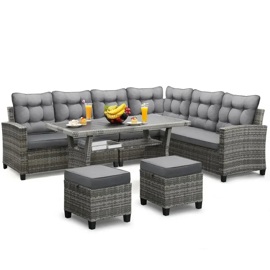 Patio Furniture Set, Outdoor Sectional Sofa with Dining Table amp Chairs, AllWeather Dining Set with Removable Cushion Covers,