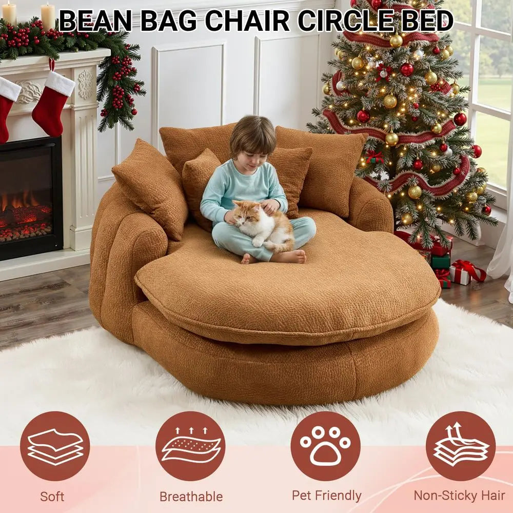 Oversized Round Chair, Giant Bean Bag Couch Chairs for Adults, Fluffy Chenille Boneless Couch Circle Bed with 5 Pillows, Extra