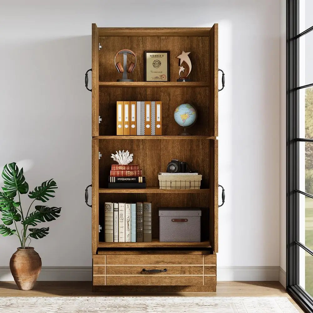 70 Inches Bookshelf and Bookcase with Door, Wooden Farmhosue Tall Storage Cabinet with Drawer, Retro Enclosed Library Book Shel