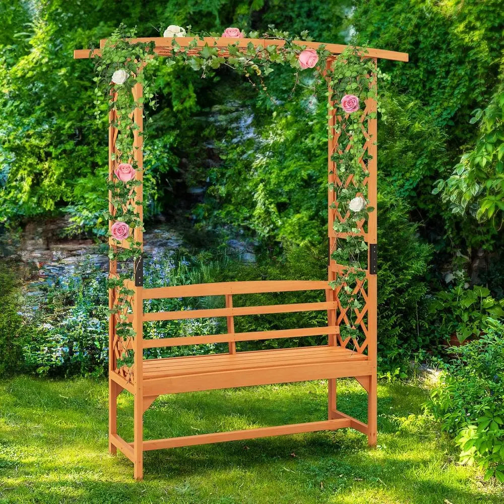 63W x 79H Wooden Garden Arch Trellis with Bench, Outdoor 2-Person Arbor, Perfect for Rose Climbing Plants, Weddings, and Backyar