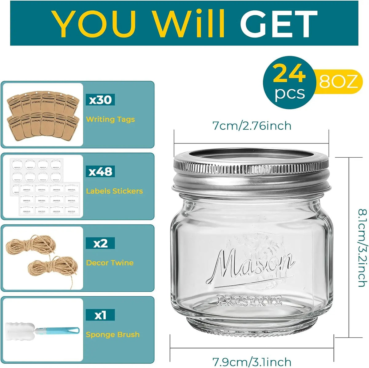 Reusable Embossed Glass Mason Canning Jars With Split Lids