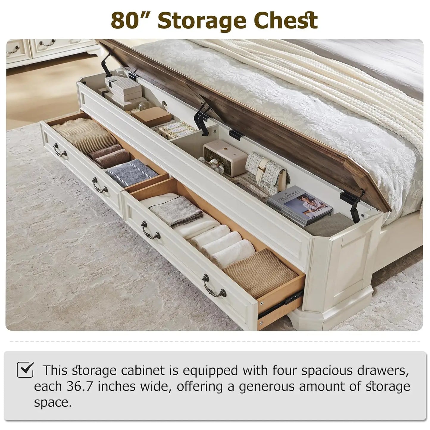 Farmhouse King Bed with Headboard and Storage Bench, Rustic Wood Platform Bed with 80" Storage Chest w/ 4 Large, Customized