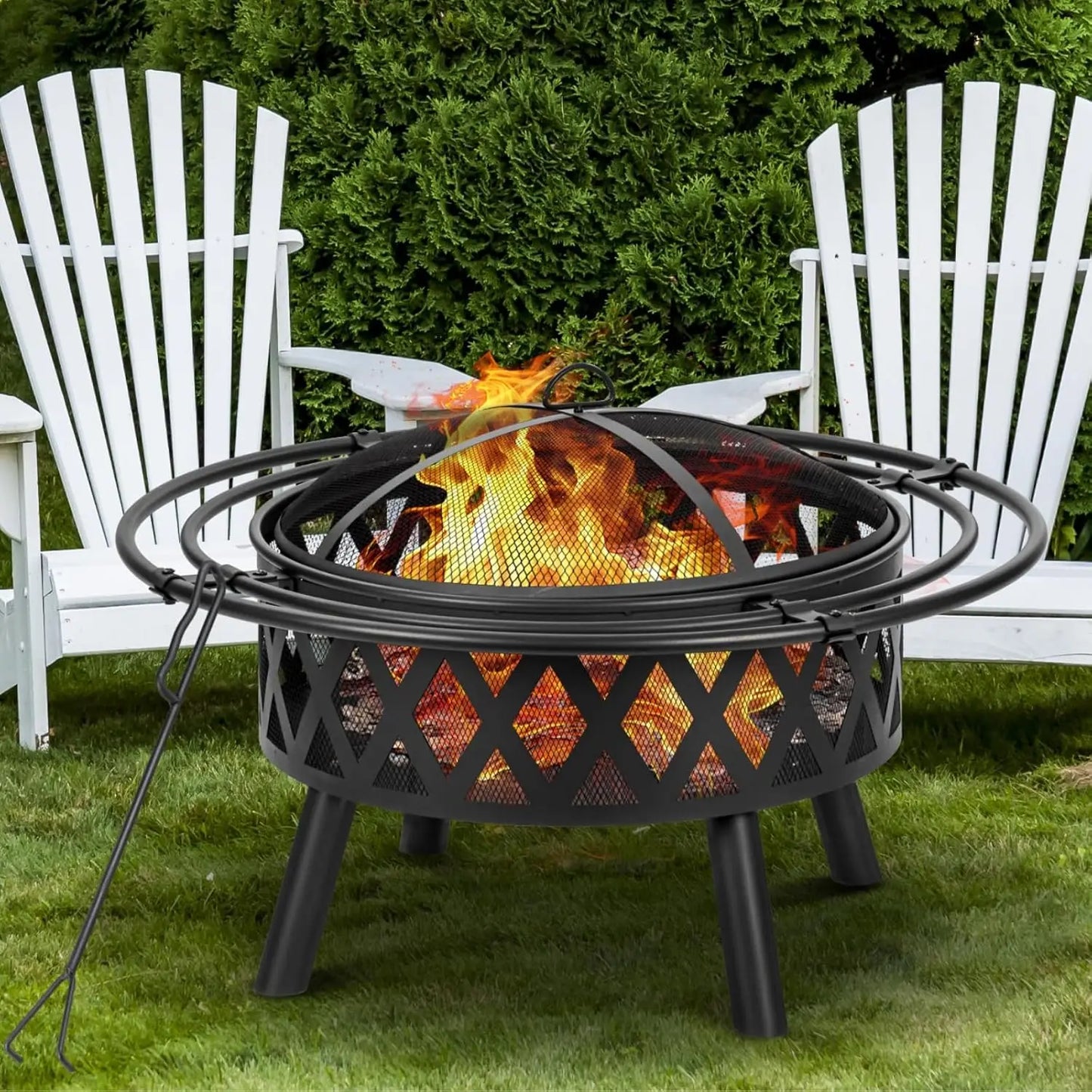 Wood Burning Fire Pit Round With Spark Screen And Poker