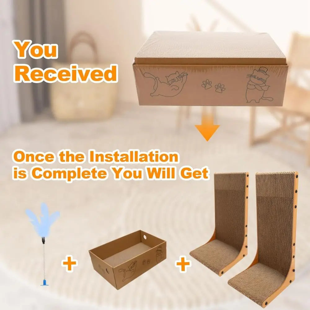 3-in-1 Cat Scratcher for Indoor Cats, 2PK 22in L-Shaped Scratching Board with 1PK Cardboard Box Scratch Pad, Cat Scratch Furnitu