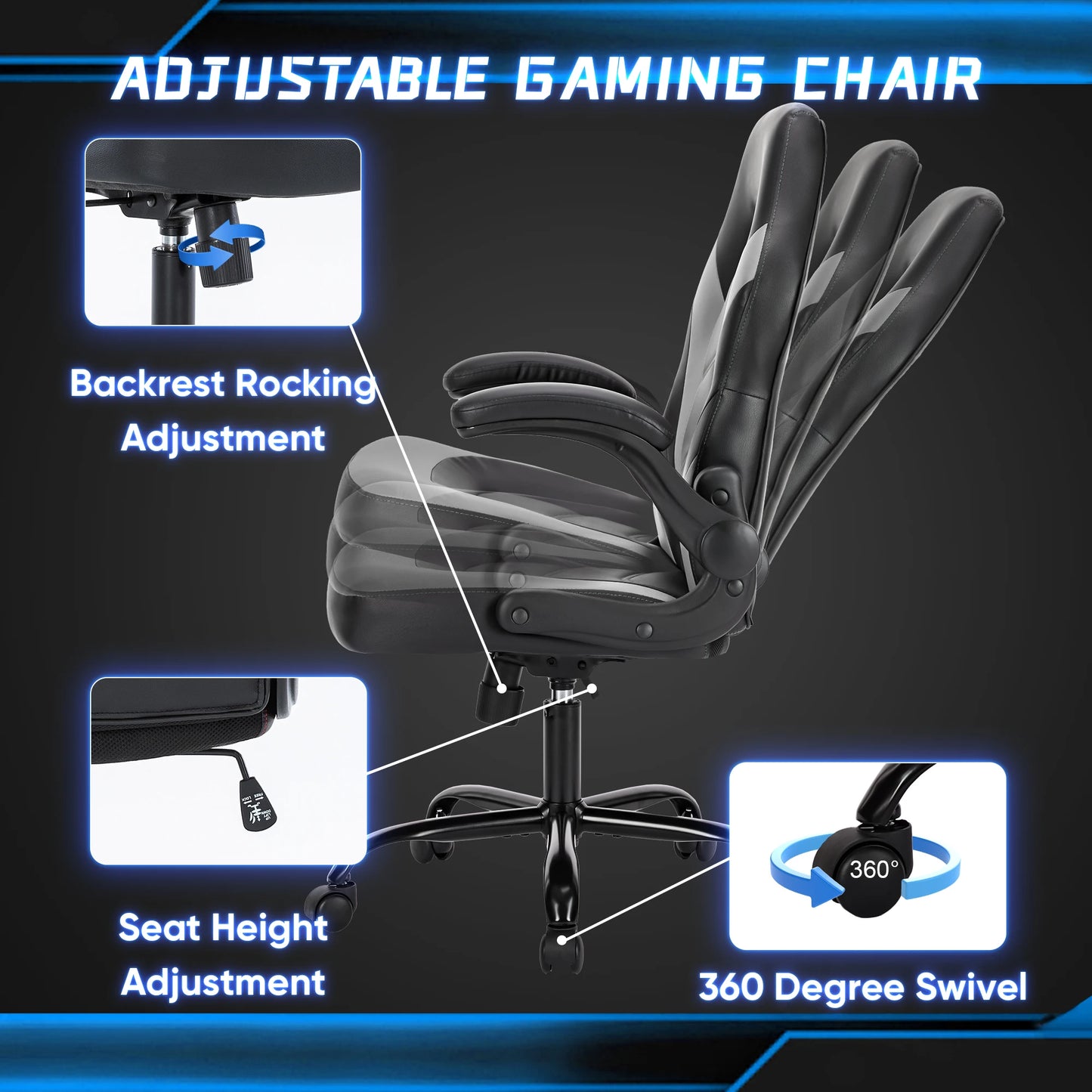 JHK Ergonomic Office Gaming Desk Chair With PU Leather Armrests