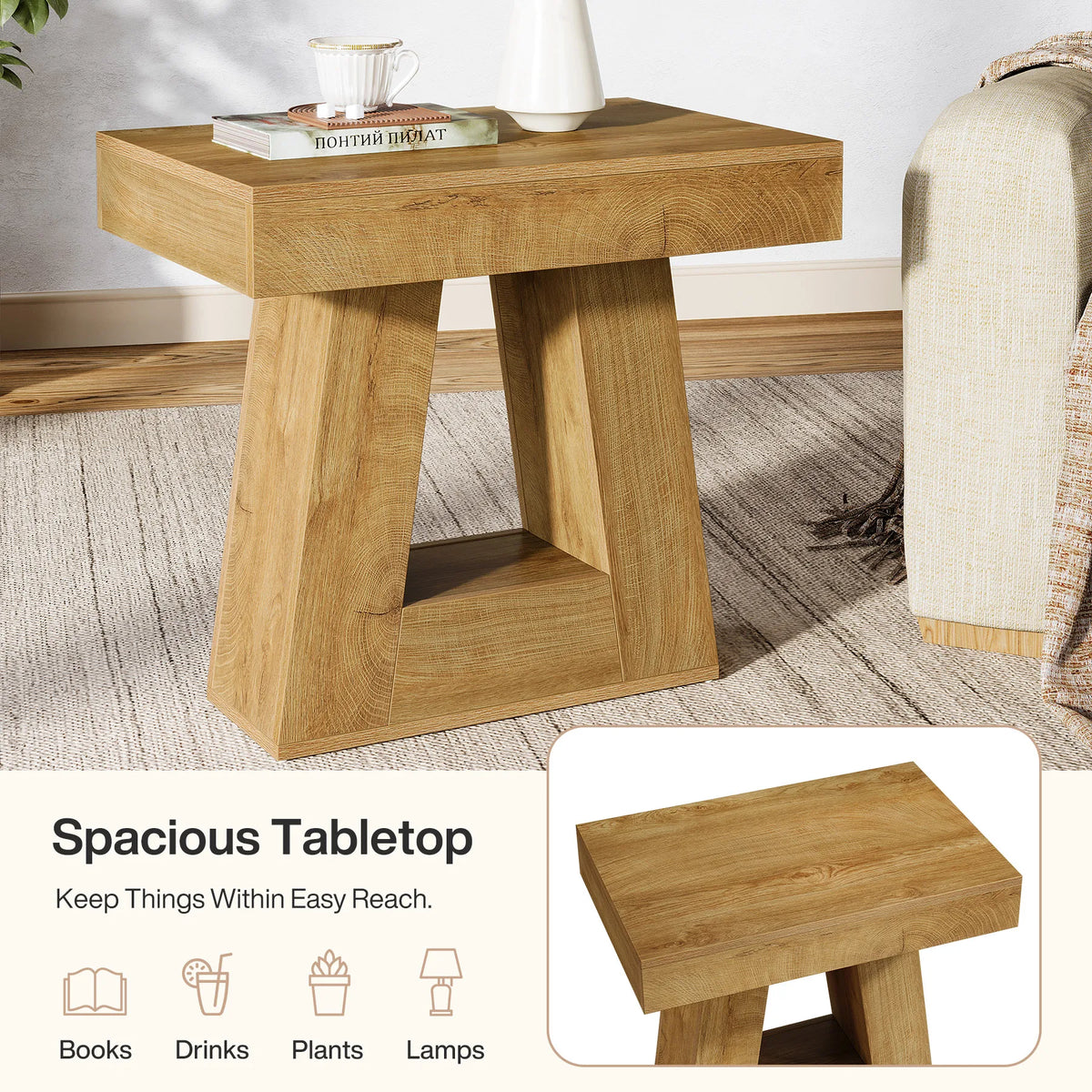 Tribesigns Side Table, 2-Tier Narrow Wooden End Table with Trapezoid Base, Farmhouse Small Nightstand for Living Room, Bedroom