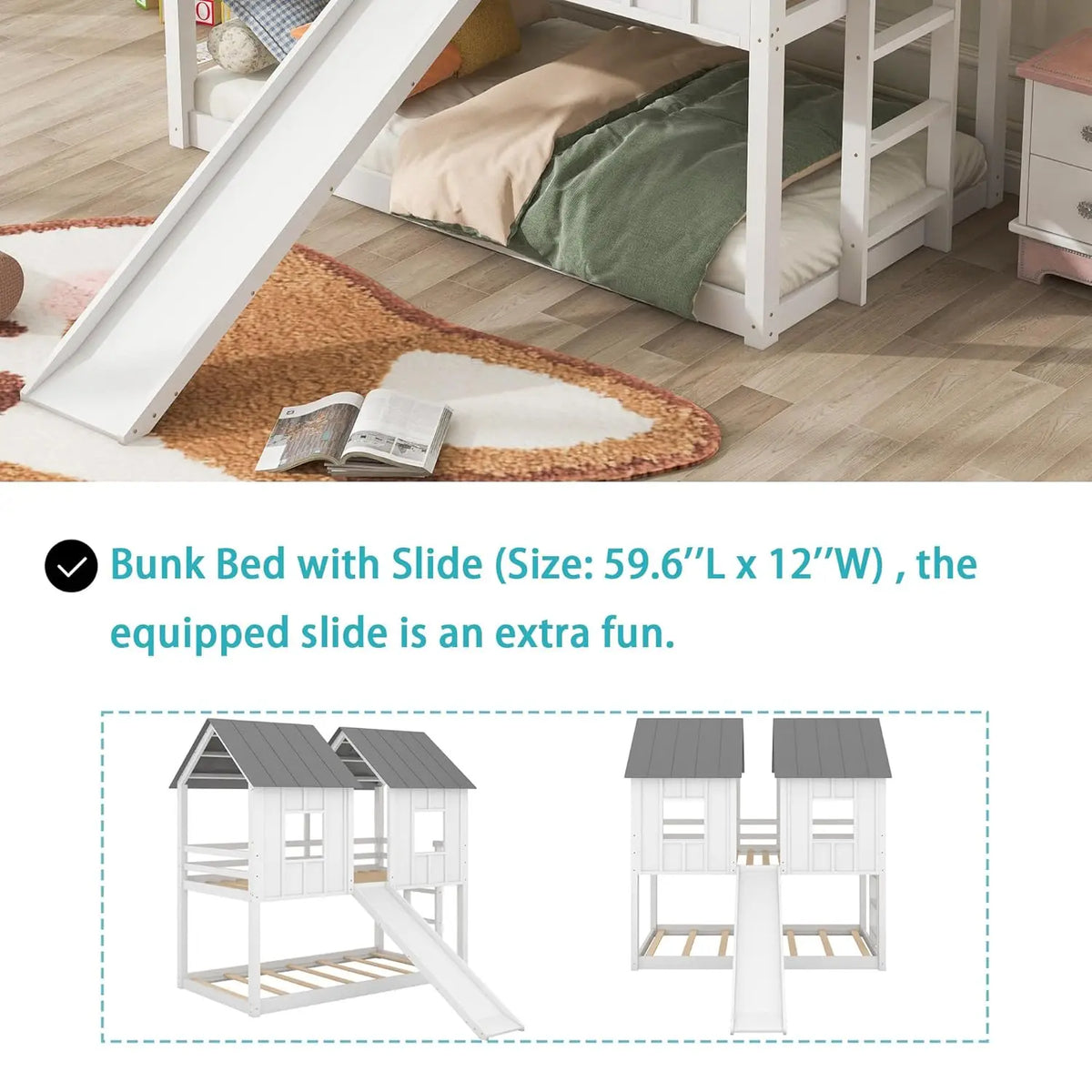 Wooden Bunk Bed Twin Size with Ladder Guardrails Slide Windows for Kids Bedroom, Customized