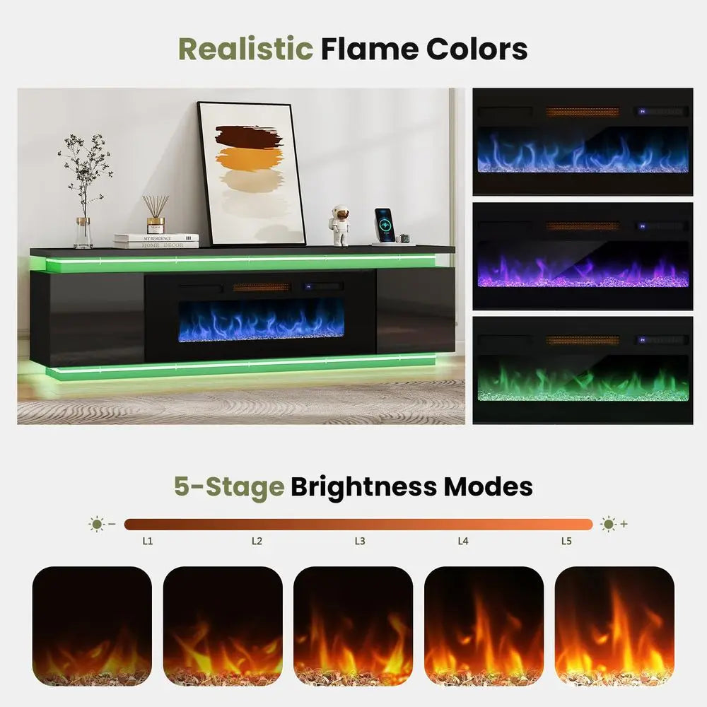Fireplace TV Stand for 80 Inch TV, Farmhouse Entertainment Center with 42 Fireplace amp LED Lights, Modern Media Console Table