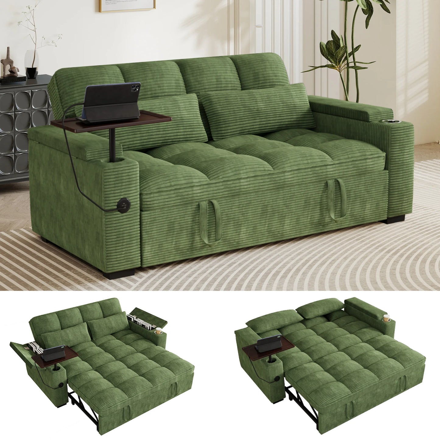 Convertible Folding Sofa Bed With Corduroy Fabric And USB Charging