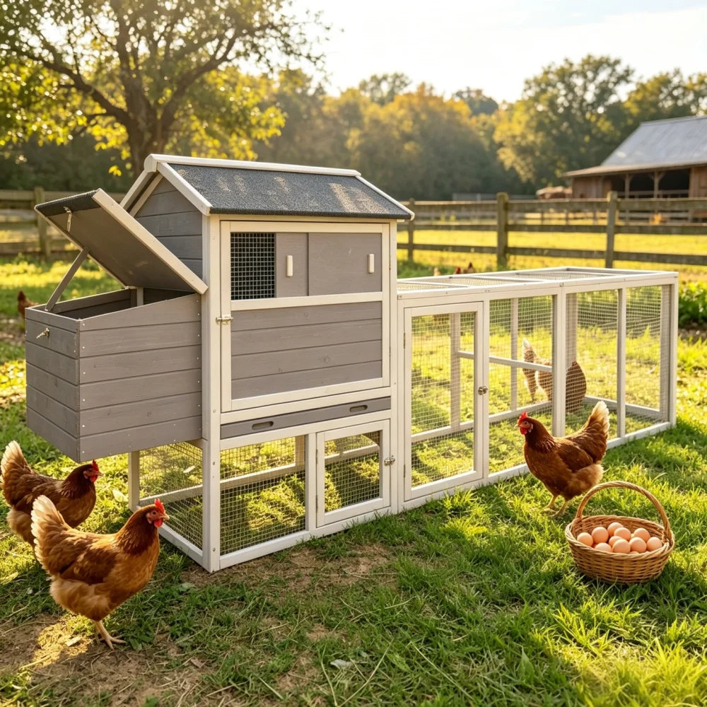 large main house Gray Wooden Chicken Coop Large Outdoor Hen Run Nesting Box Poultry Cage Rabbit Hutch Waterproof Anti-UV Panel