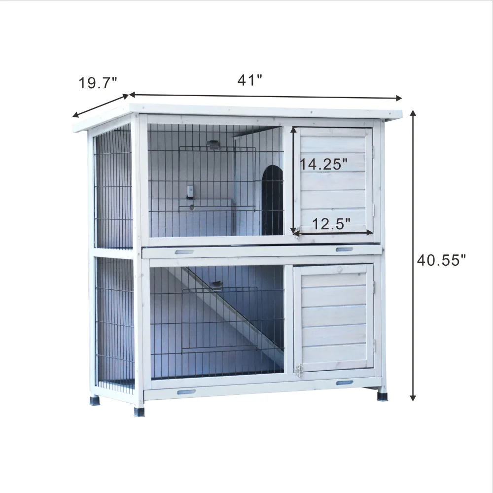 Rabbit Hutch Outdoor 2-Story Rabbit Cage Indoor with Run Bunny Cage with 2 Removable No-Leak Trays Pet Cages with Non-Slip Ramp