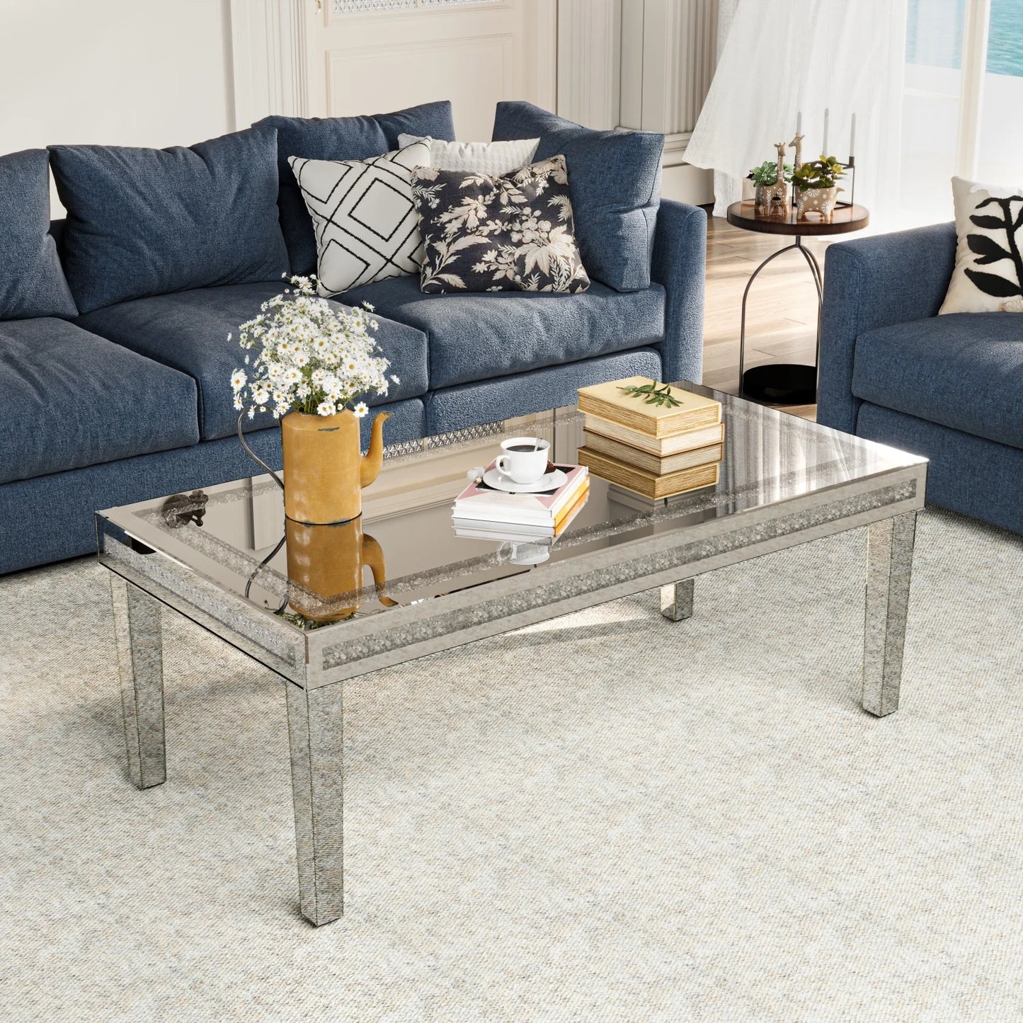 Modern Rectangular Mirrored Coffee Table With Crystal Diamond Inlay Accent