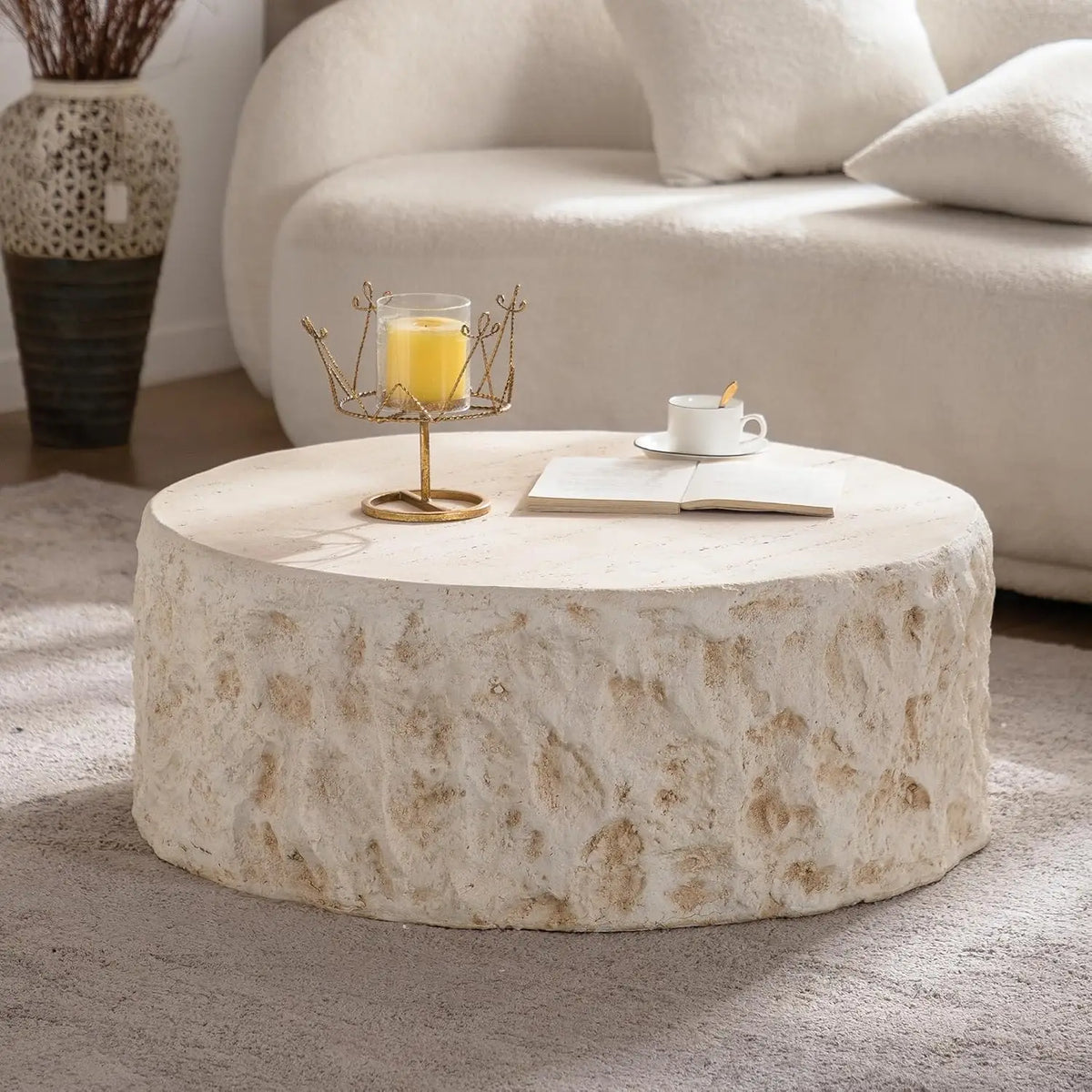 36" Oval Coffee Table, Modern Faux Stone Circle Center Table Accent Travertine Tea Table for Living Room, Magnesium, Customized