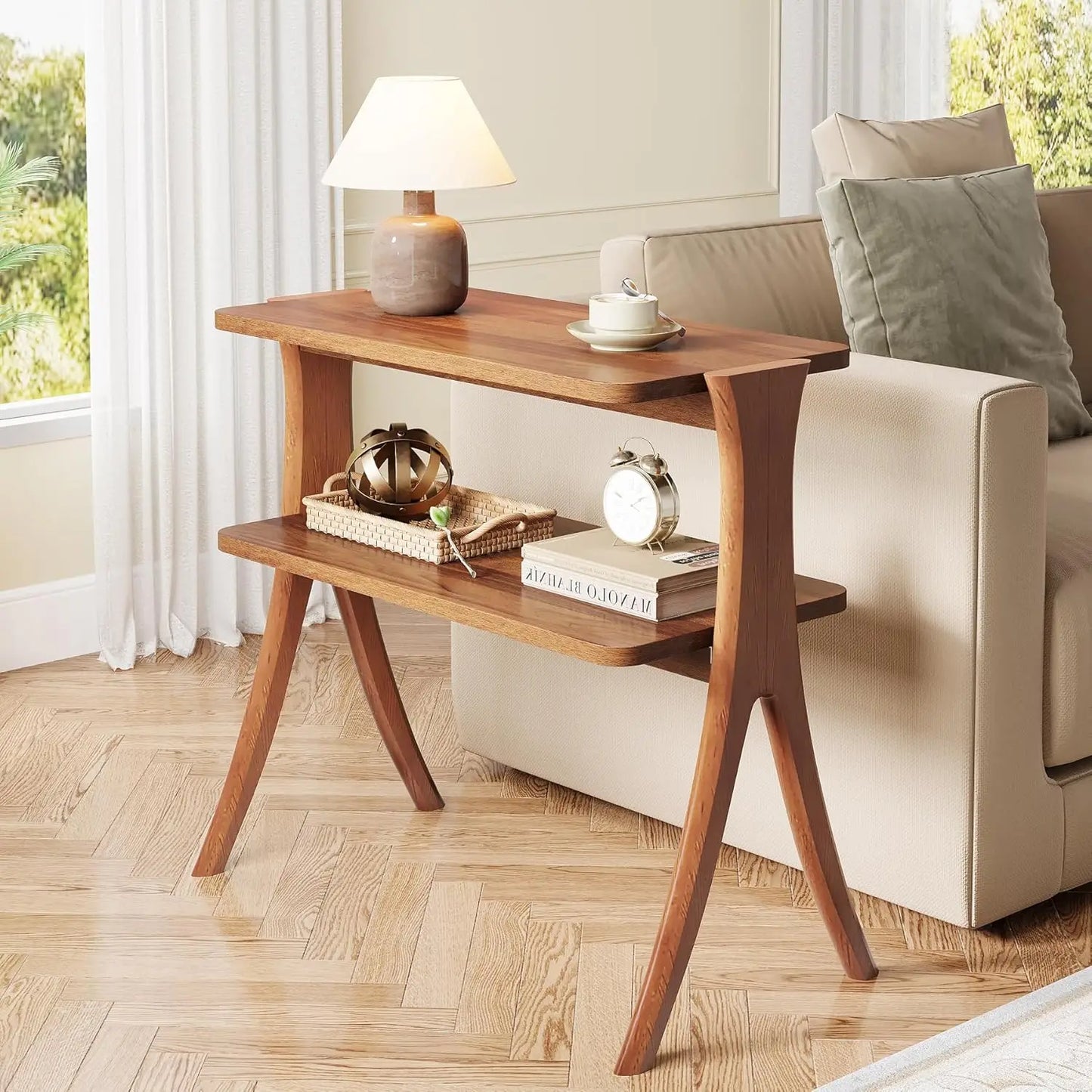 Little Tree Side Table With 2-Tier Storage, Farmhouse End Table