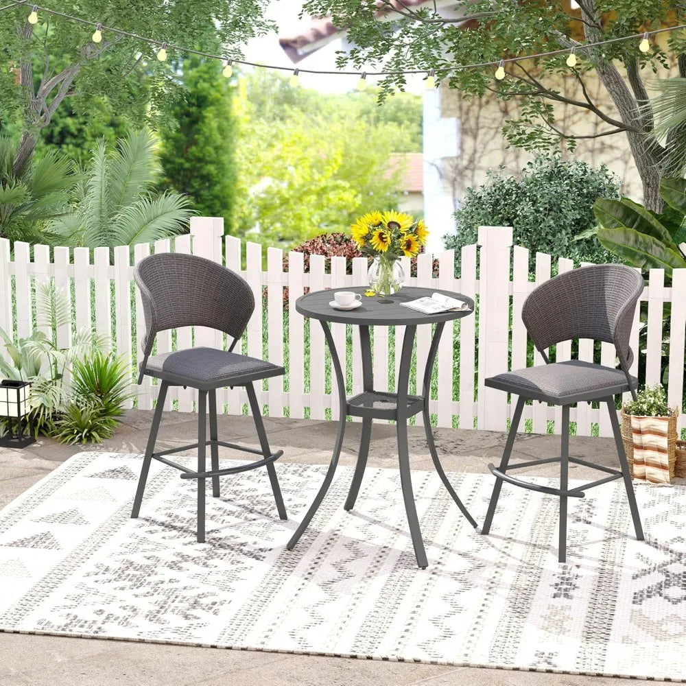 Patio 3 Pieces Outdoor Bar Set, 27.6 Round Bar Height Table with Umbrella Hole and 2 Swivel Rattan Chairs, Outdoor Bistr