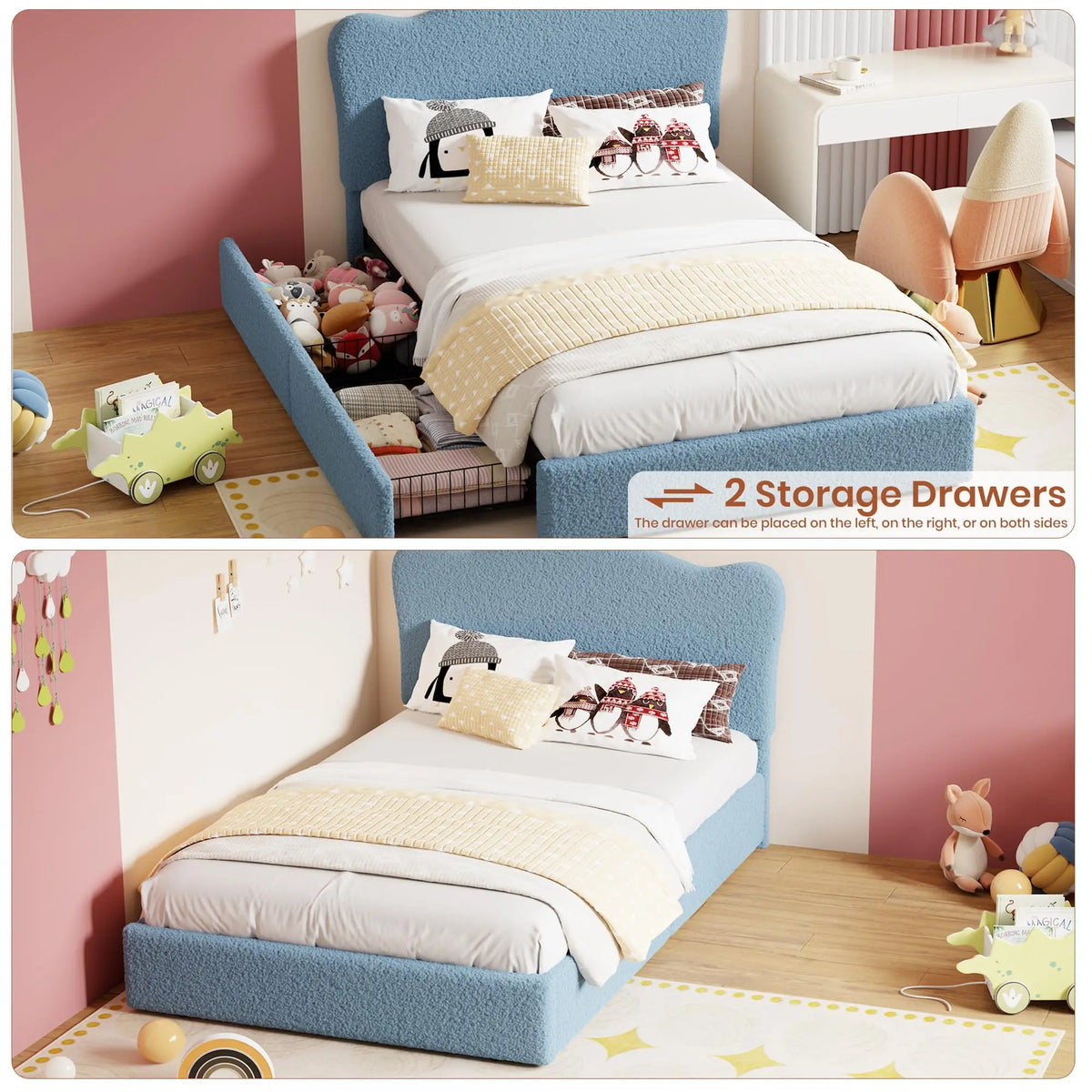GAOMON Upholstered Platform Bed Frame for Kids - Full and Twin Size Options with 2 Storage Drawers - Velvet Headboard, Sturdy Wooden Slats, Low Profile, Noise-Free, No Box Spring Needed - Ideal for Bedroom or Dorm