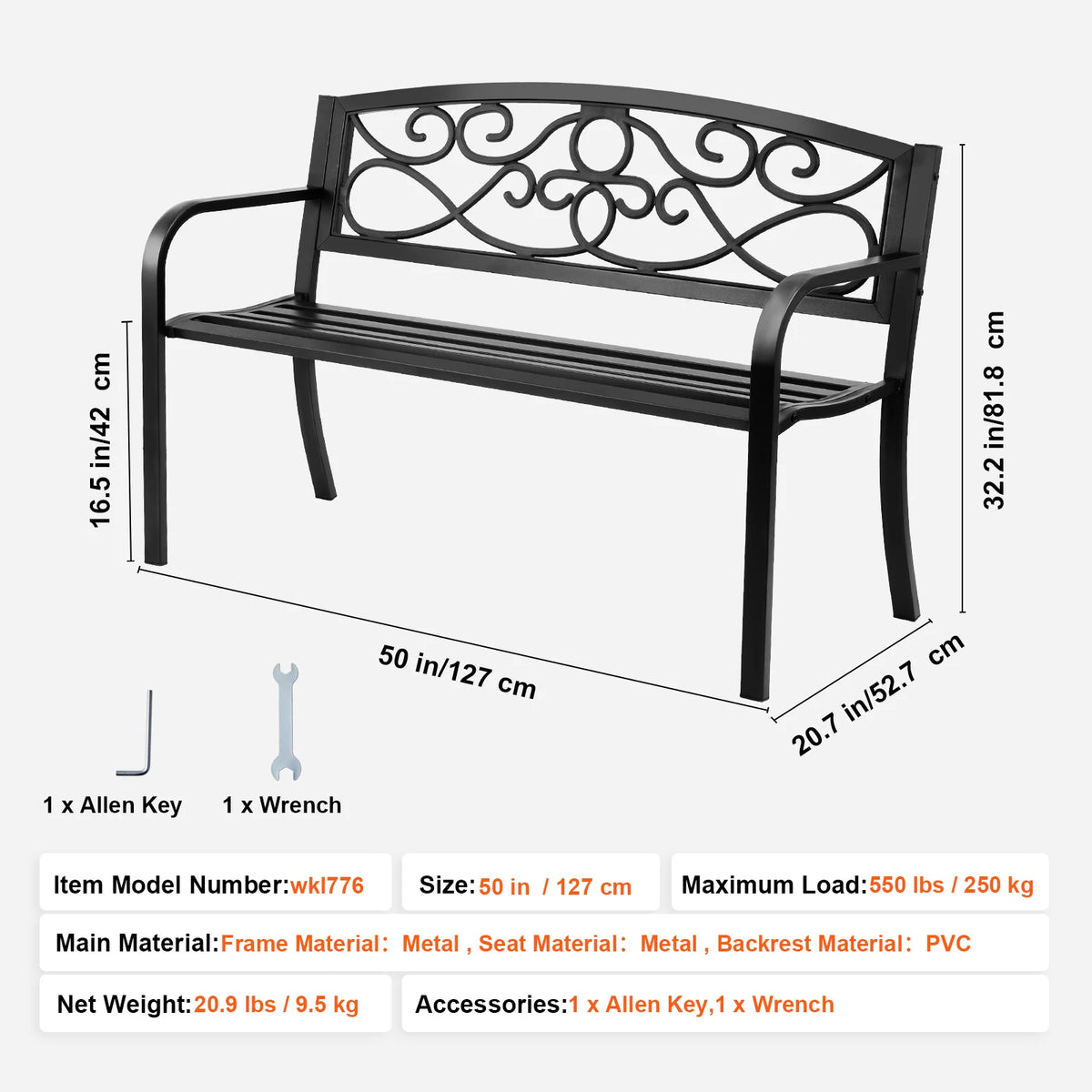 SucceBuy Outdoor Bench Wooden Metal Garden Bench for Outdoors 480 lbs Load Capacity Bench Outdoor Garden Park Bench