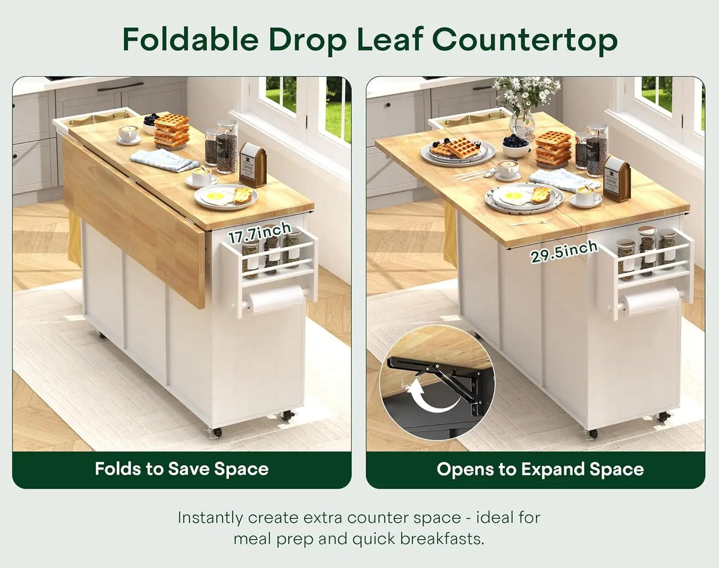 Kitchen Island with Drop Leaf, Rolling Cart with Trash Bag, Cabinet, Drawers & Spice Rack, 43.3"x29.5", Customized