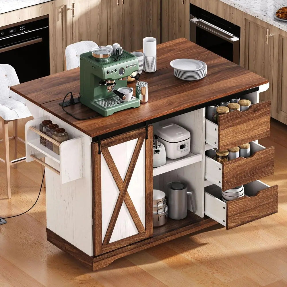 Rolling Kitchen Island with Power Outlet and Drop Leaf, Mobile Kitchen Island Table on Wheels with Barn Door Storage Cabinet, S