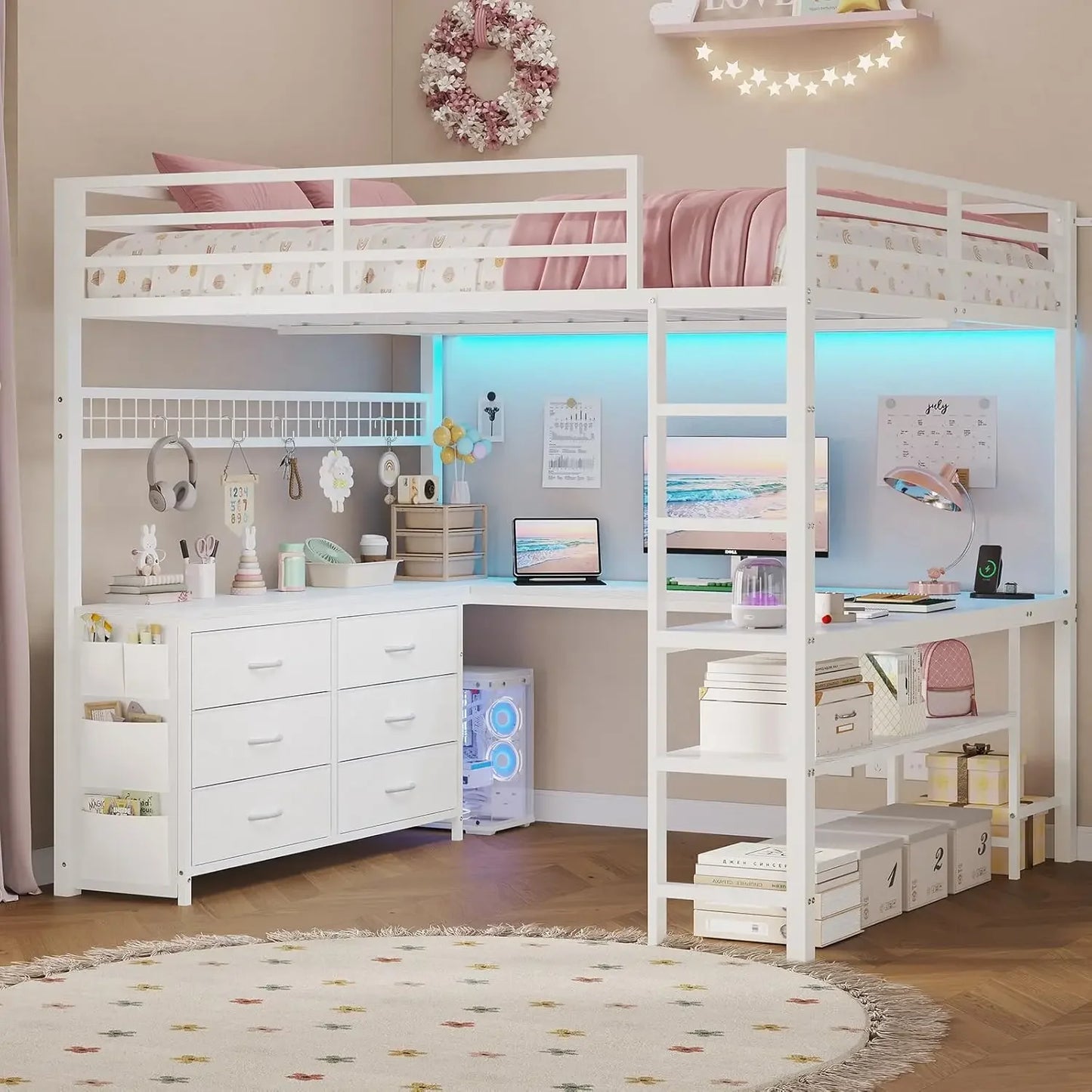 Loft Bed Full Size With U Shaped Desk And StorageSpace