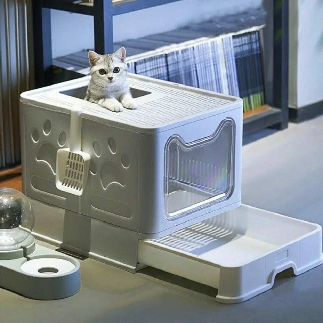 Foldable Hooded Cat Litter Box With Scoop And Storage Drawer