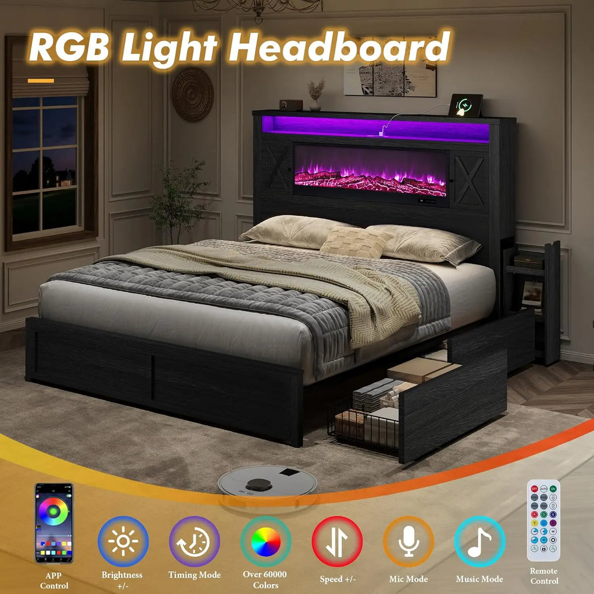 Queen Fireplace Storage Platform Bed with Headboard Barn Cabinets 4 Drawers 2 Racks RGB LED Charging Black Customized