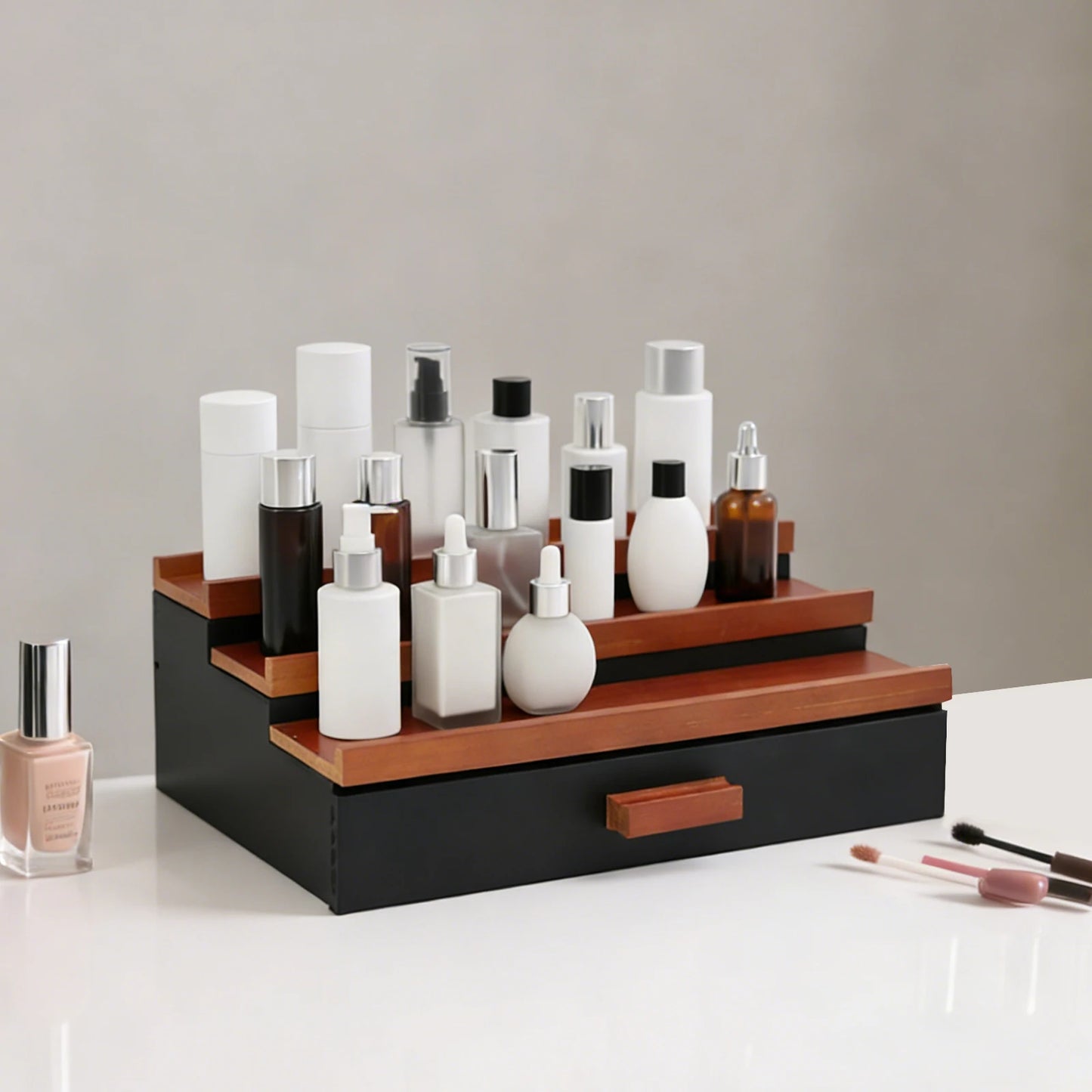 Wood 3 Tier Perfume Organizer With Drawer Display Stand