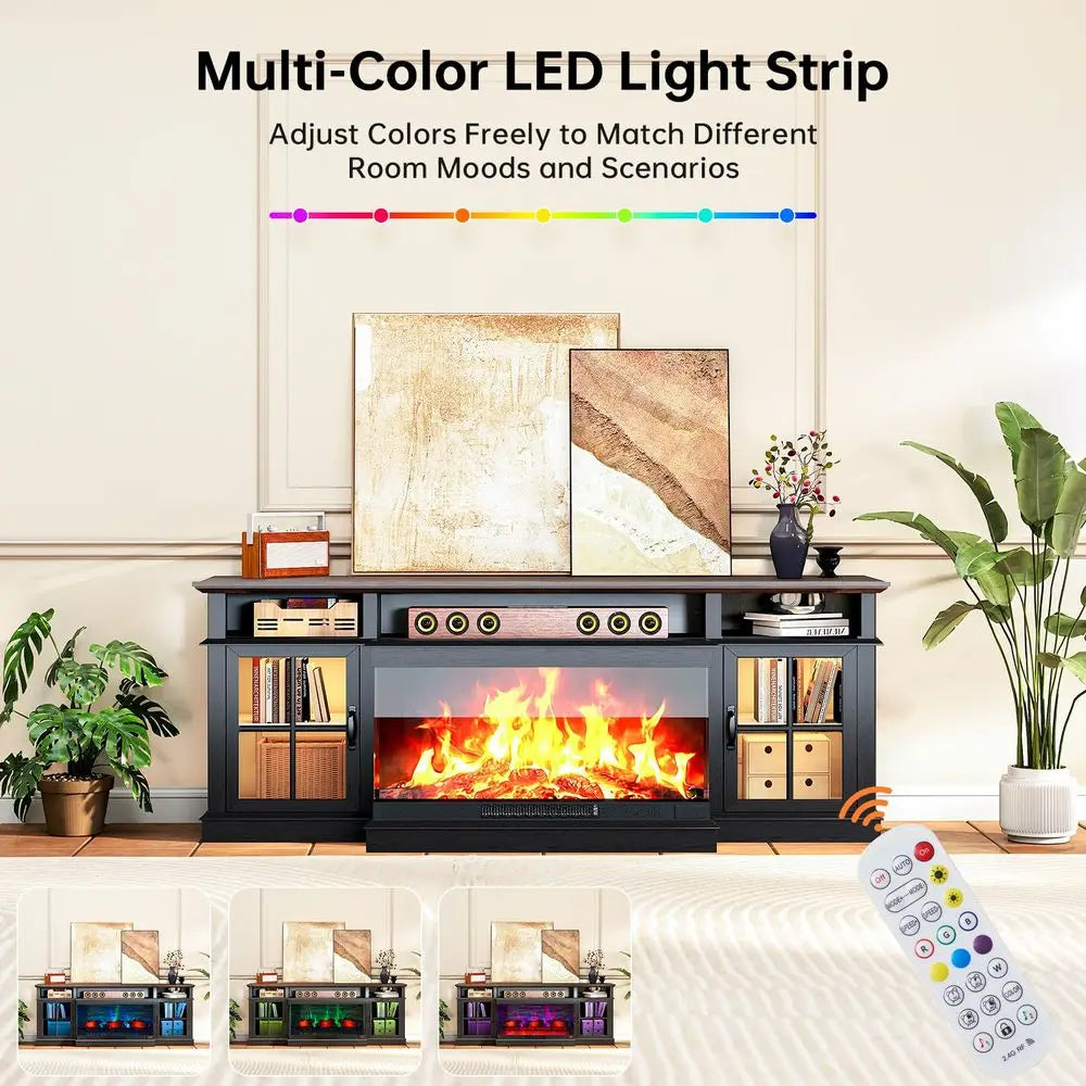 Fireplace TV Stand, 3 Sided Glass Modern Entertainment Center for TVs Up to 80, TV Console with Storage Cabinets, Media Console