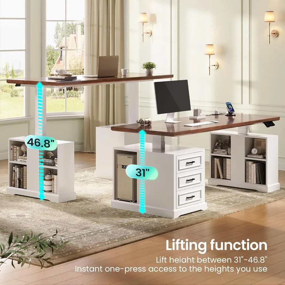 Farmhouse Electric Standing Desk, 63" Height Adjustable Computer Desk with 3 Drawers, Storage Shelves, Customized