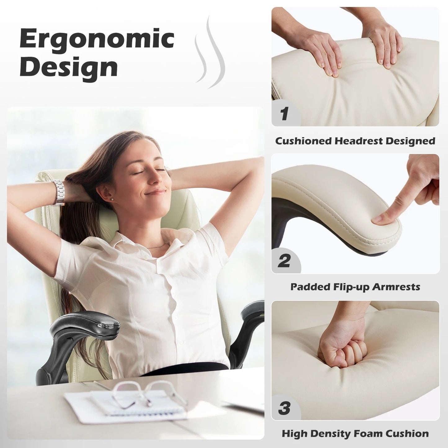 JHK Ergonomic Office Chair Heavy Duty PU Leather With Flip Up Arms