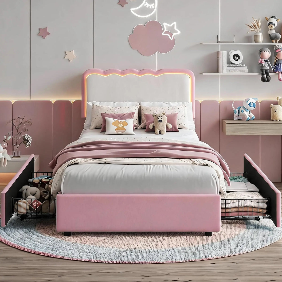 HiMiss Upholstered LED Bed Frame With Storage Drawers