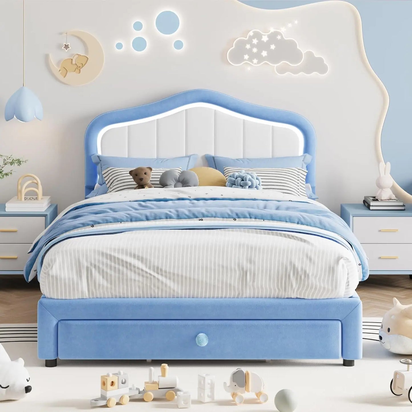 Studyset Kids LED Crown Upholstered Bed Frame With Velvet Headboard